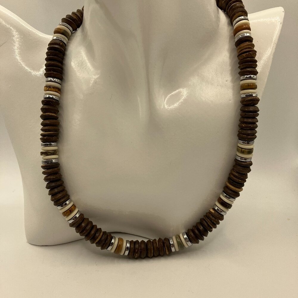 LAST Men's 18.75 inch Choker Wood Beads (7 in a row) Hematite + Gemstone beads